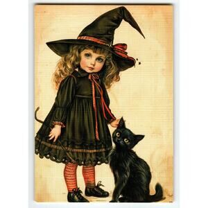 Vintage Halloween Postcard Little Cute Girl Witch with Black Cat Photochrome
